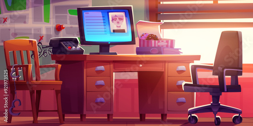 Police department office interior with detective workplace. Cartoon investigator desk with criminal photo on pc monitor, documents and research materials, map with pins on wall, chair with handcuffs.