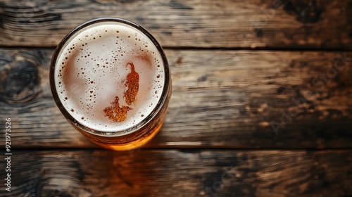 Top view of a freshly poured craft beer with golden amber color and frothy head on a rustic wooden table