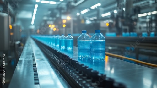 Bottles of water are being made on a conveyor belt