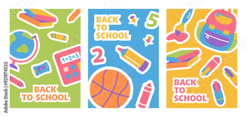 Banners with school supplies. Backgrounds with school supplies and education elements for store discount promotion. Suitable for covers, postcards, posters. Vector illustration