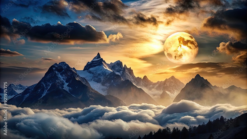 Mountain landscape with silhouetted peaks, full moon shining through dramatic clouds , mountains, landscape, moon, clouds, night Mountain landscape with silhouetted peaks, full moon shining through dramatic clouds , mountains, landscape, moon, clouds, night