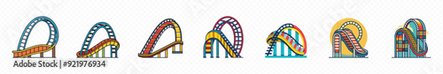 Roller coaster vector illustration isolated white background, Roller coaster amusement icons set. Outline set of roller coaster amusement vector icons,  railroad track icon. Roller coaster ride