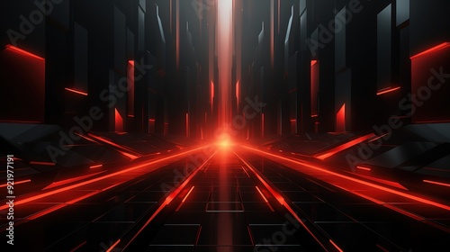 Abstract red glowing lines in a futuristic black corridor.