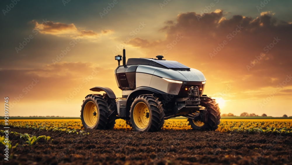 Fototapeta premium Innovation technology smart farming with Robot tractor, AI generated