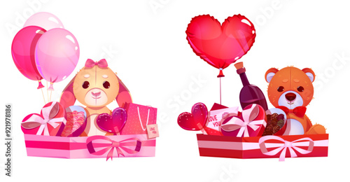 Valentine day or birthday present packs with chocolate candies in heart shaped gift box with ribbon and bow, teddy bear and bunny toys, red and pink balloons, lollipop on stick, bottle of wine.