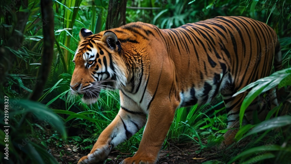 Powerful Tiger Prowling Through Jungle Foliage Powerful Tiger Prowling Through Jungle Foliage