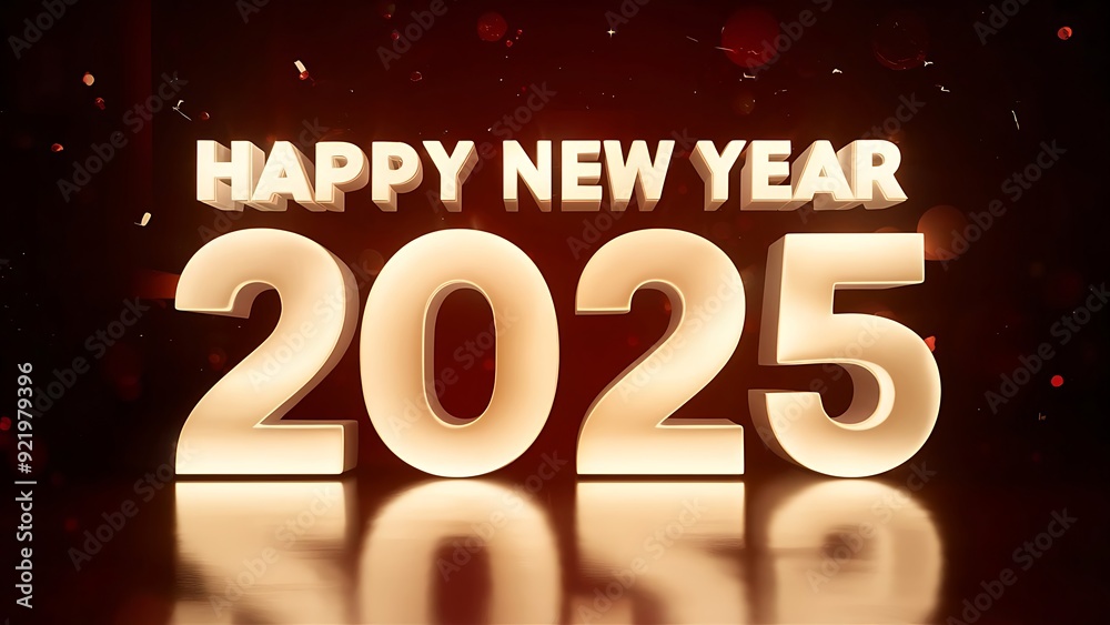 Golden 2025 Happy New Year sign with fireworks Golden 2025 Happy New Year sign with fireworks