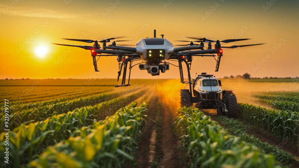 Applying fertilizer using a drone on green corn Farm automation and agricultural technology, AI generated Applying fertilizer using a drone on green corn Farm automation and agricultural technology, AI generated