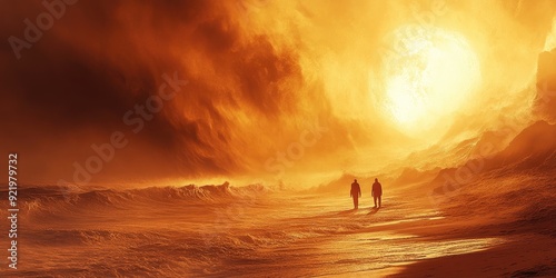 Two Silhouettes Walking Towards a Glowing Sun in a Martian Landscape