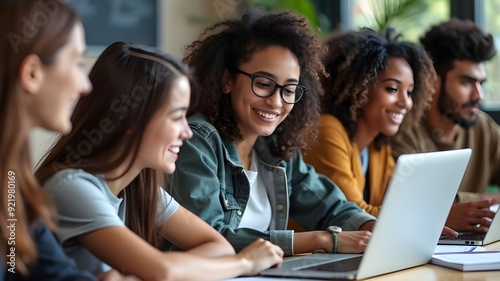 Diverse group of male and female students in a college classroom, collaborating on school projects using computer. Young scholars study, discuss, and apply academic skills in class.