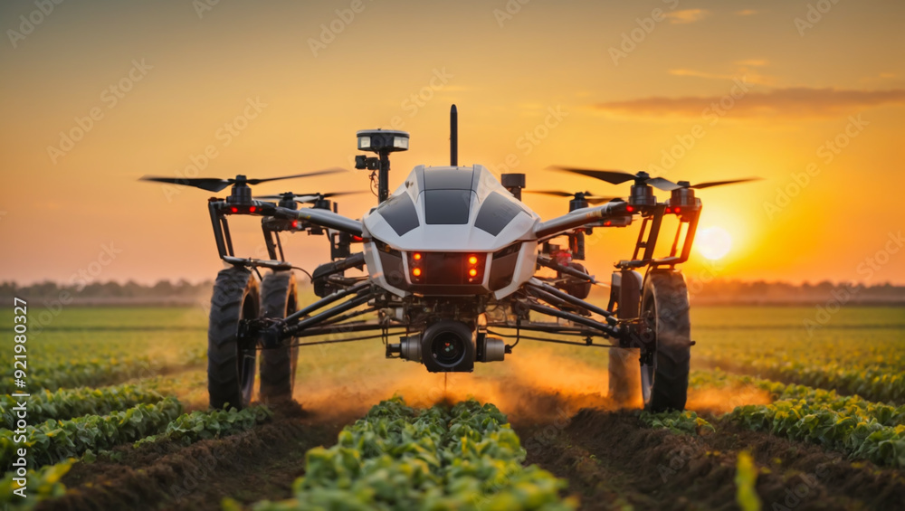 Fototapeta premium Applying fertilizer using a drone on green corn Farm automation and agricultural technology, AI generated