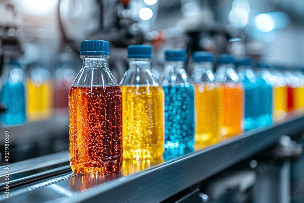 Bottled drinks on a conveyor belt in a factory. Bottled drinks on a conveyor belt in a factory.