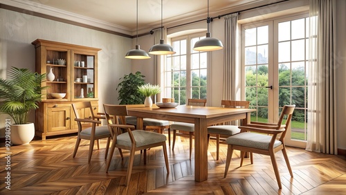 Cozy dining room with wooden table and chairs, home, interior, furniture, dinner, eating, decor, design, modern, cozy, comfortable