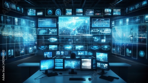 Wallpaper Mural A futuristic control room with multiple screens displaying data and graphics. Torontodigital.ca