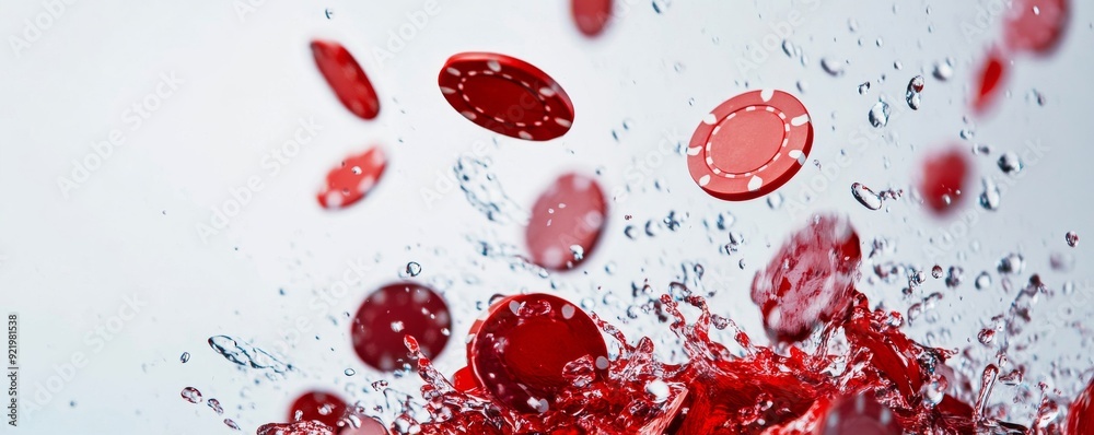 Fototapeta premium Water splashing up as red poker chips are flying through the air