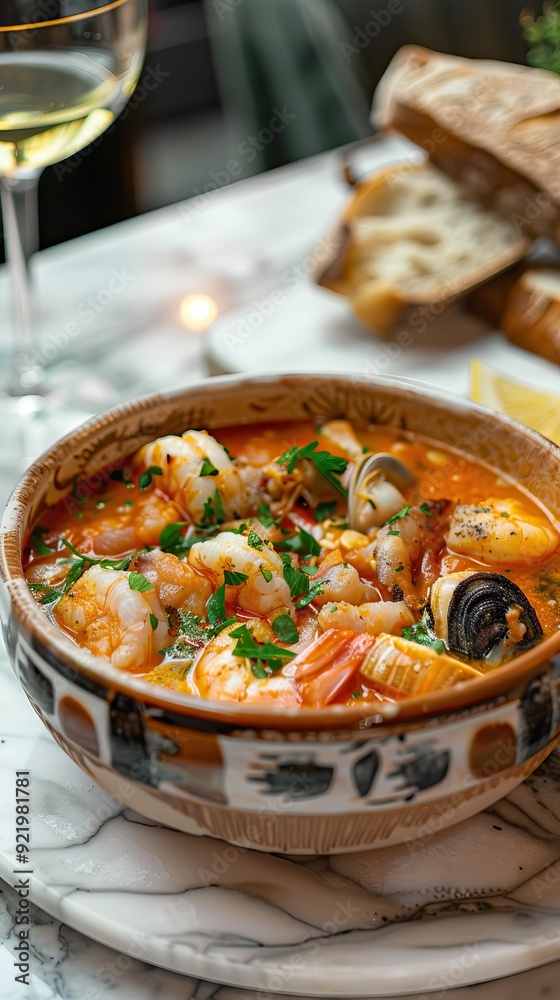 Bouillabaisse: French seafood stew with fish, shellfish, and a flavorful broth. AI generated illustration