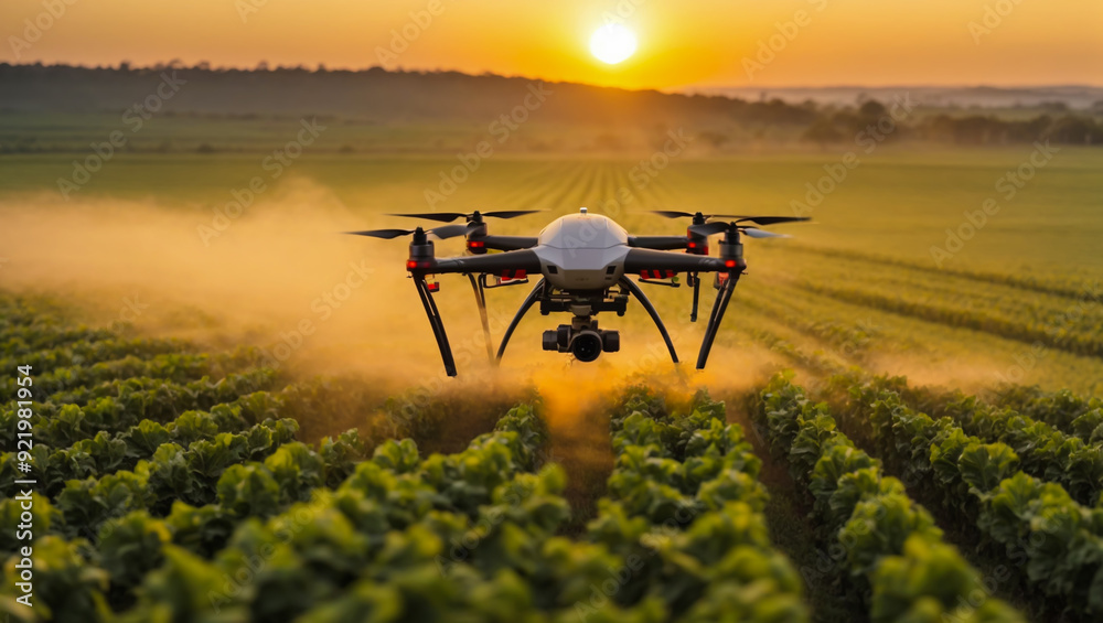 Applying fertilizer using a drone on green corn Farm automation and agricultural technology, AI generated