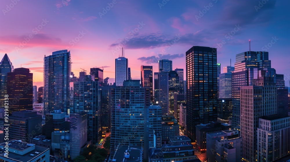 Fototapeta premium A panoramic view of a city skyline at dusk with illuminated skyscrapers and a colorful sky.
