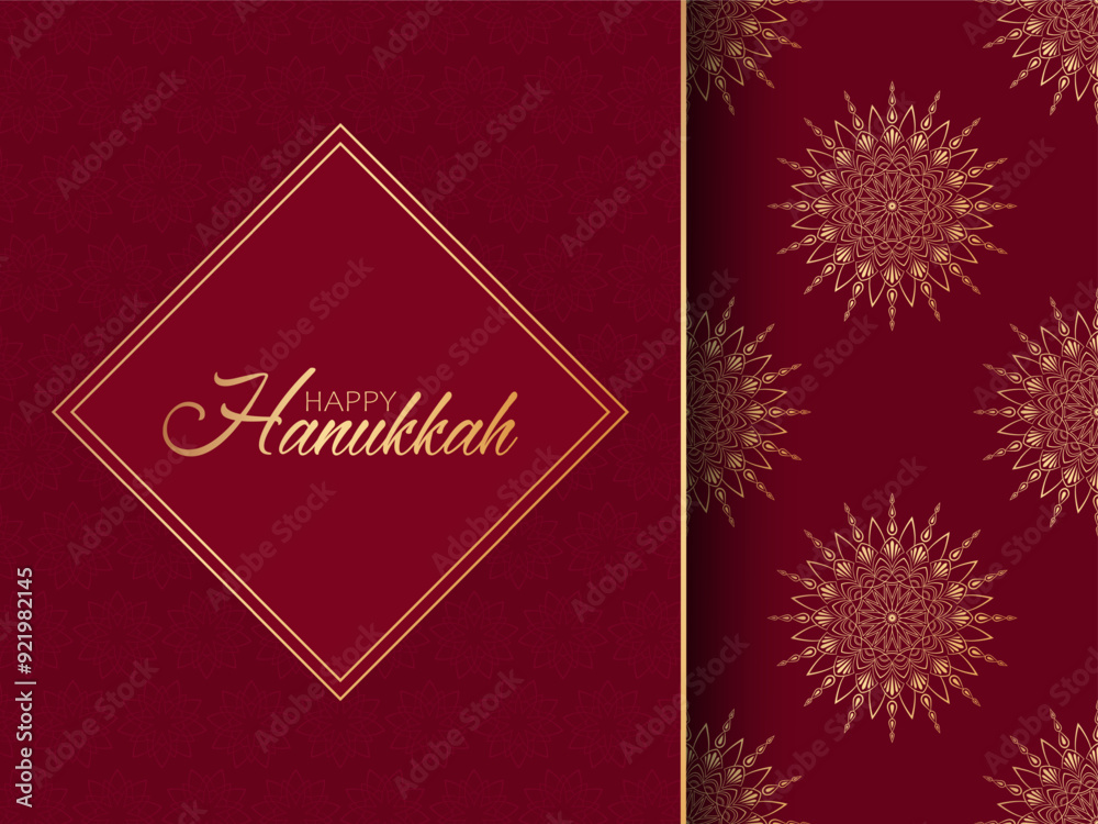 Golden text Happy Hanukkah on red background and abstract floral seamless pattern. Festive design for greeting card or poster for Jewish celebration Hanukkah. Golden text Happy Hanukkah on red background and abstract floral seamless pattern. Festive design for greeting card or poster for Jewish celebration Hanukkah.