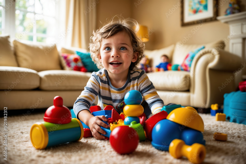 Cheerful toddler playing with colorful building blocks on a carpet Cheerful toddler playing with colorful building blocks on a carpet
