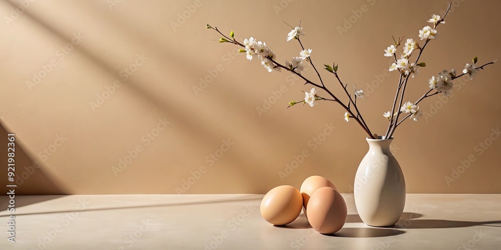 Minimalist still life with eggs and blossoming branch in ceramic vase casting shadows on beige background Minimalist still life with eggs and blossoming branch in ceramic vase casting shadows on beige background