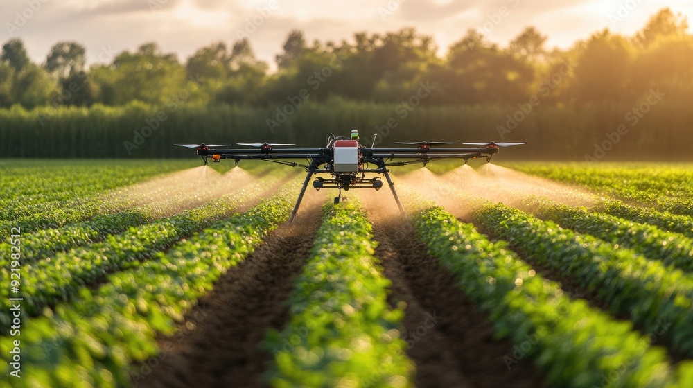 Drone spraying crops in a field, showcasing the future of farming technology and precision agriculture. Drone spraying crops in a field, showcasing the future of farming technology and precision agriculture.