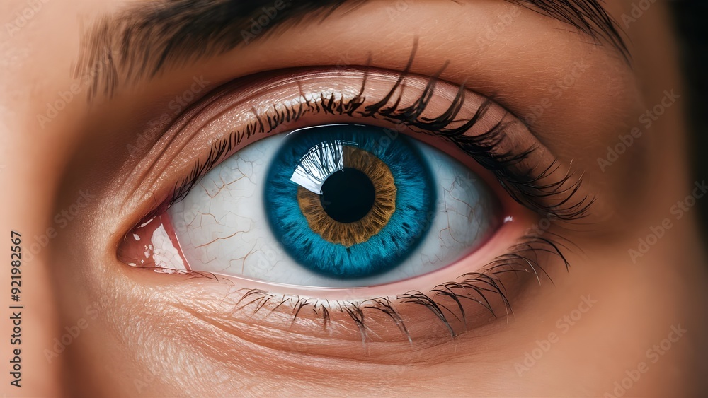 Fototapeta premium Close-up of a natural eye with striking blue iris, on a white foundation, idea of vision.
