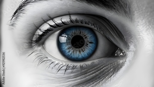 Close-up of a natural eye with striking blue iris, on a white foundation, idea of vision.