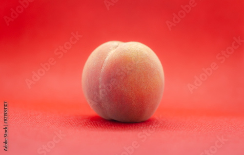 A ripe, juicy peach on a vivid red background, resembling the shape of a human buttock, with a playful and humorous touch, highlighting its soft curves and vibrant colors