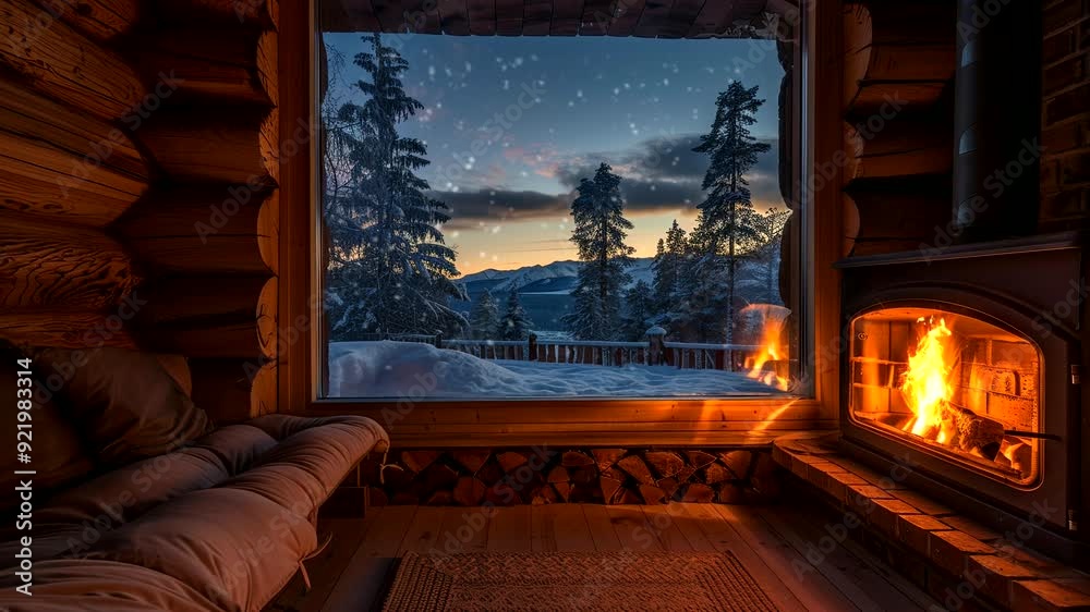 Nighttime cozy cabin with fireplace and snowy view through large window. Winter relaxation concept. Seamless looping time-lapse video background.