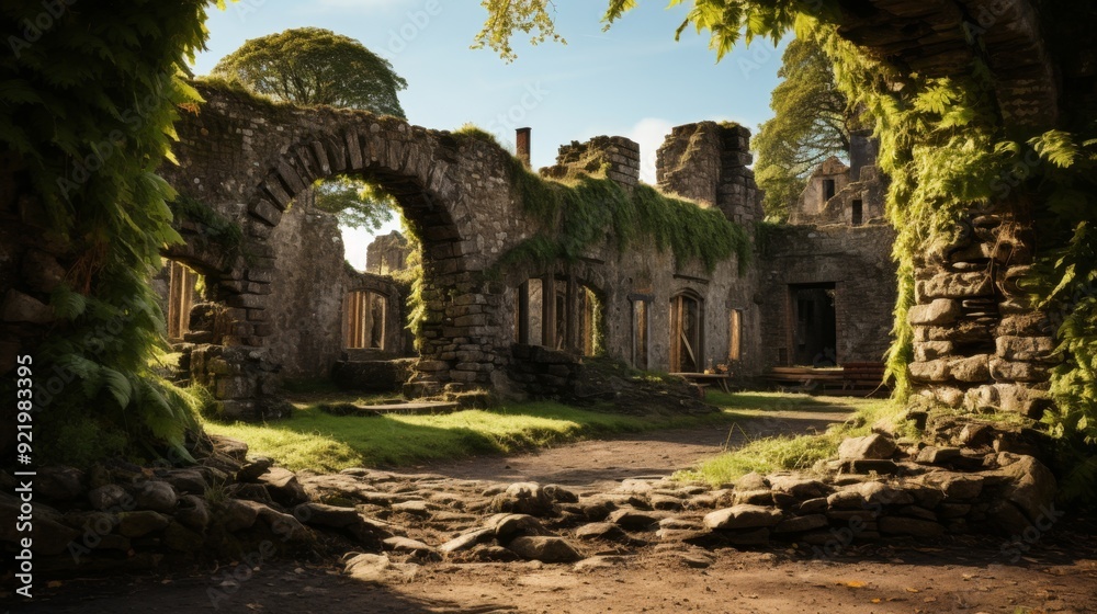 Naklejka premium bright sunny day sunshining through castle ruins