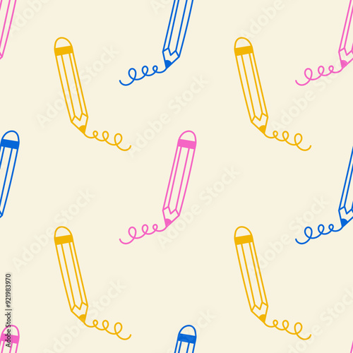 Colored pencils with scribbles Doodle Seamless Pattern. Cute colorful creativity background with drawing crayons. Stationery Office supplies School Education symbols. Repeat vector illustration