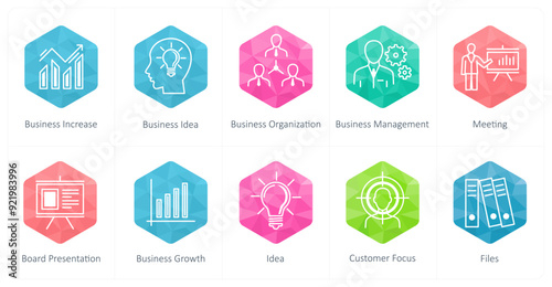 A set of 10 business icons as business increase, business idea, business organization