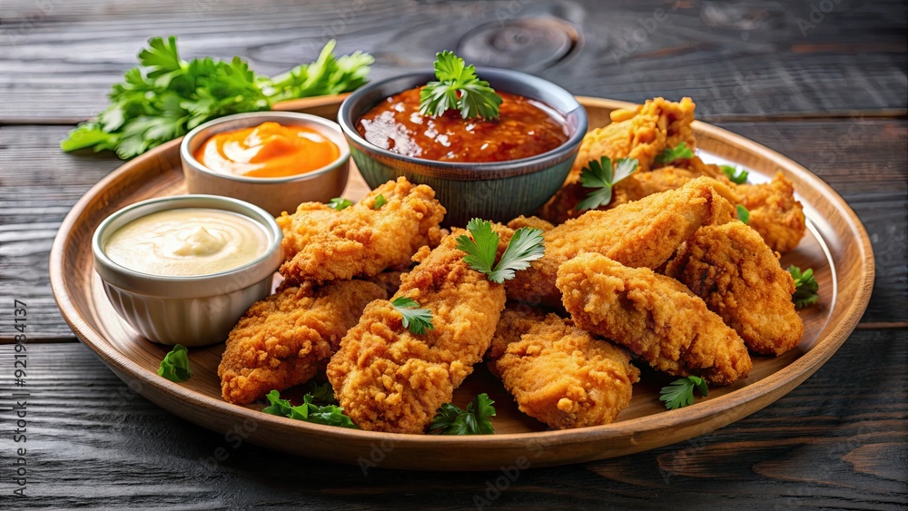 Delicious plate of crunchy chicken tenders served with a variety of dipping sauces , chicken tenders, crispy, fried, appetizer