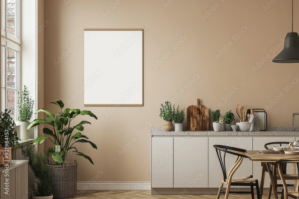 Fototapeta premium Minimalist Kitchen interior with Poster Mockup created with Generative AI