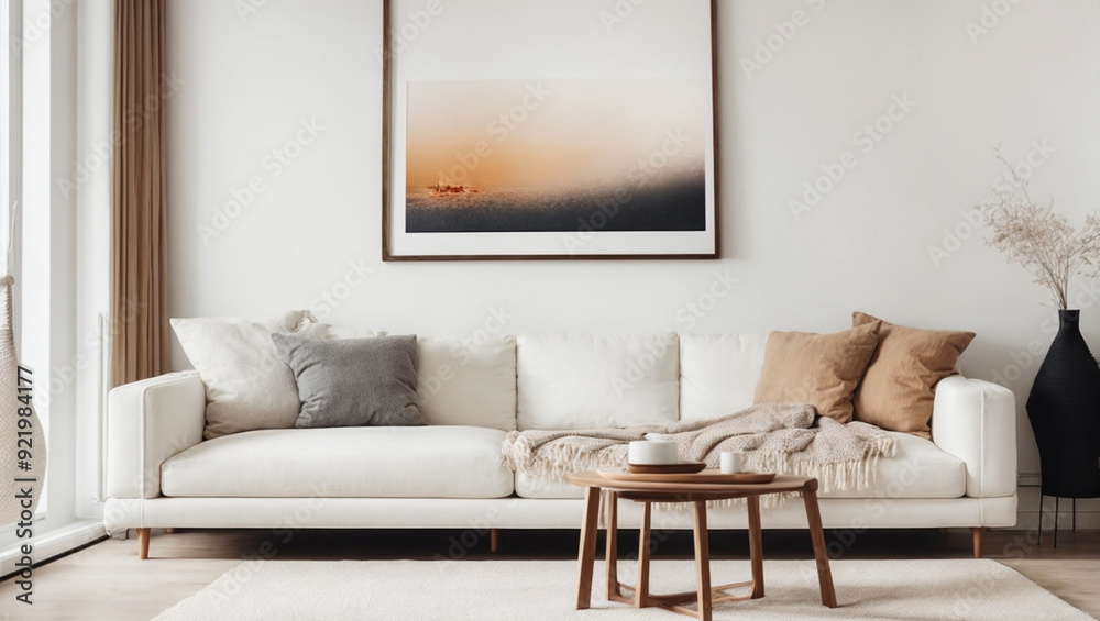 The living room looks neat and bright with a white sofa.AI generated The living room looks neat and bright with a white sofa.AI generated