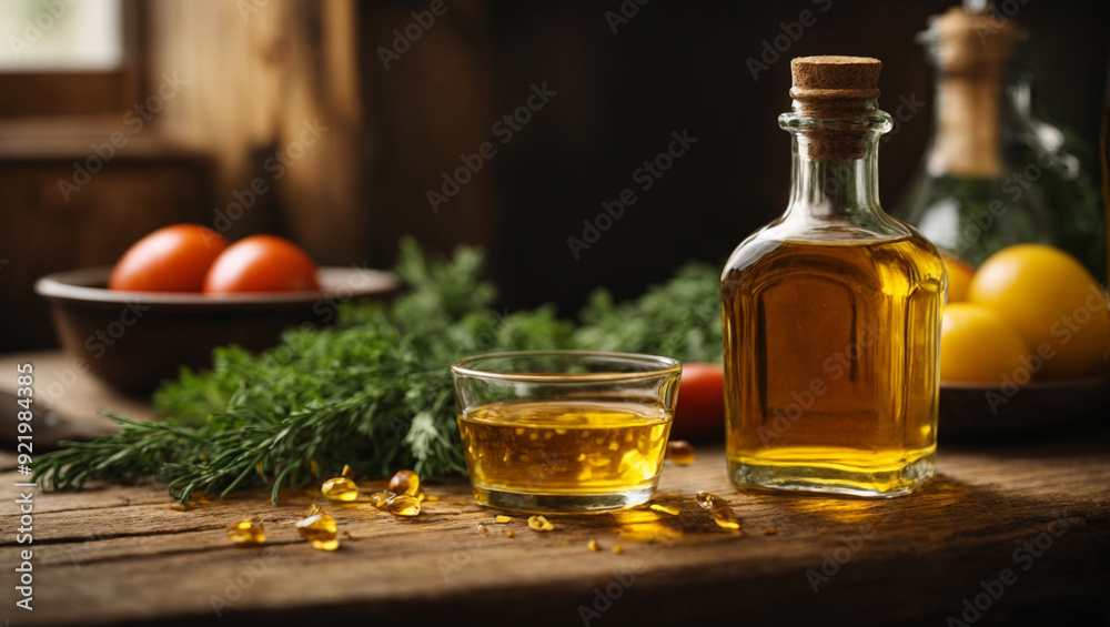 vegetable oil on a wooden table, AI generated vegetable oil on a wooden table, AI generated