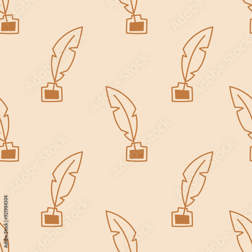Quill Feather in Inkwell Seamless Pattern. Writing supplies Elegant beige background. Writer repeat vector illustration.