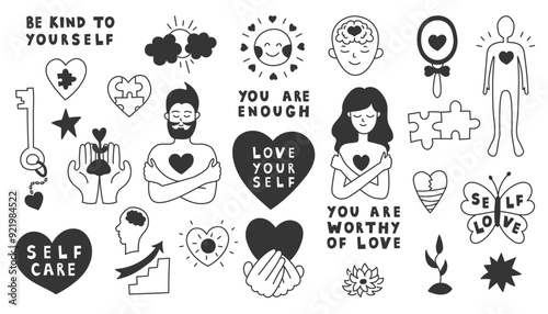 Self Love Doodles Set. Hand drawn collection of psychology and psychotherapy motivational phrases, symbols icons signs. Outline isolated vector illustration.