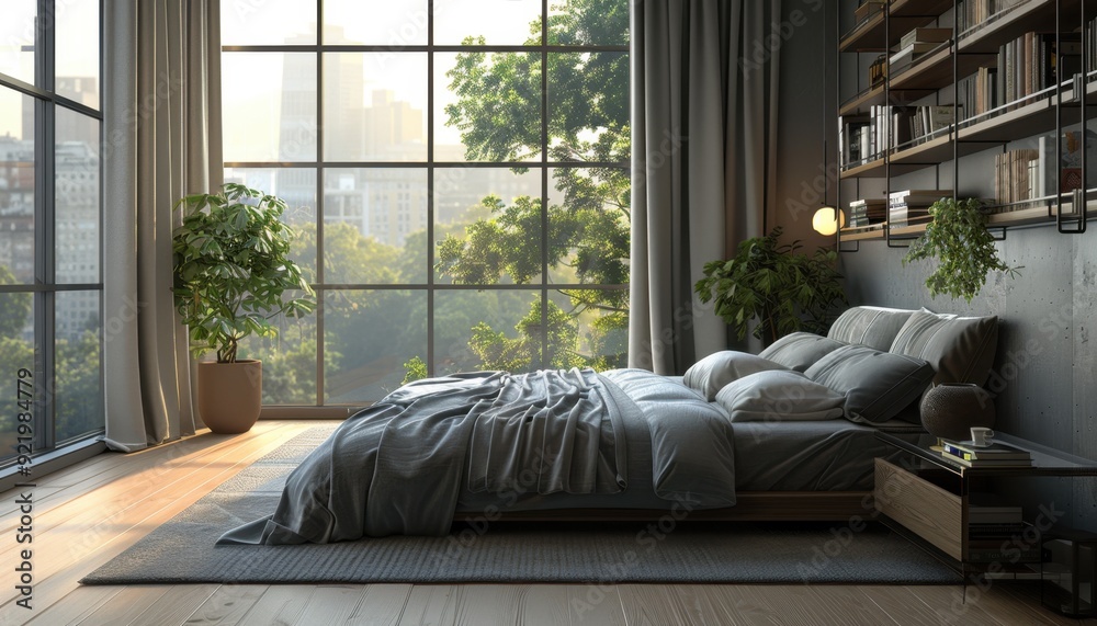Modern bedroom with large windows and urban view during golden hour light Modern bedroom with large windows and urban view during golden hour light