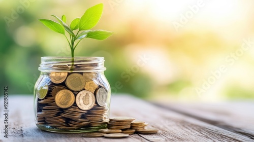 A plant sprouts from a pile of coins on a wooden table, symbolizing financial growth and optimism, set against a softly blurred background highlighting nature