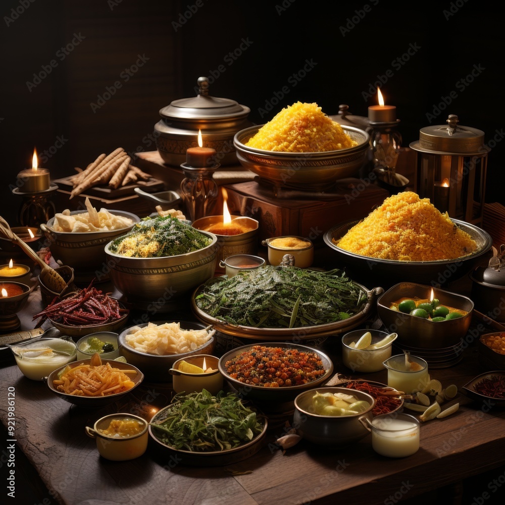 Buffet of delicacies curry samosa biryani Buffet of delicacies curry samosa biryani