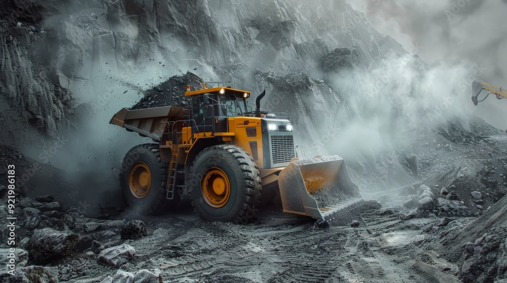 A large dump truck operates in a rocky, industrial landscape, transporting materials. A large dump truck operates in a rocky, industrial landscape, transporting materials.
