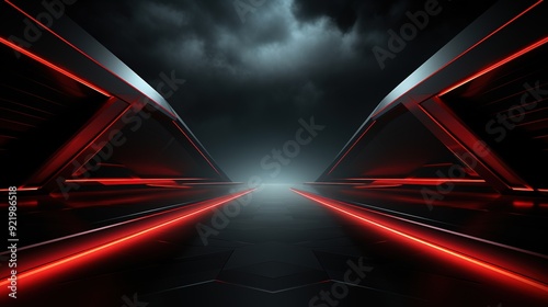 Futuristic black and red tunnel with glowing lines.