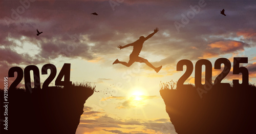 A young man jump between 2024 and 2025 years. Concept vector illustration over the sun and through on the gap of hill silhouette evening colorful sky. Vector illustration. Welcome Happy new year 2025.