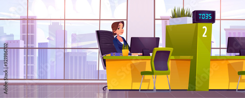 Woman bank service worker sitting at separated table with computer and chair for customer in big light office with window. Cartoon vector illustration of female finance business employee at workplace.