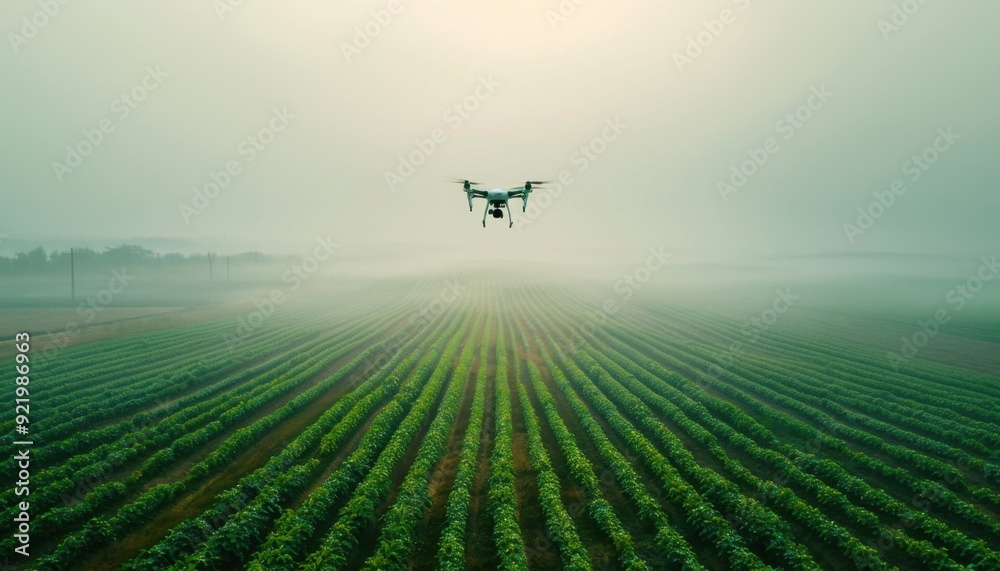 Drone flying over green agricultural fields at dawn in a rural area Drone flying over green agricultural fields at dawn in a rural area
