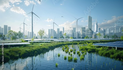 Sustainable urban landscape with solar panels and wind turbines in a modern city during a sunny day