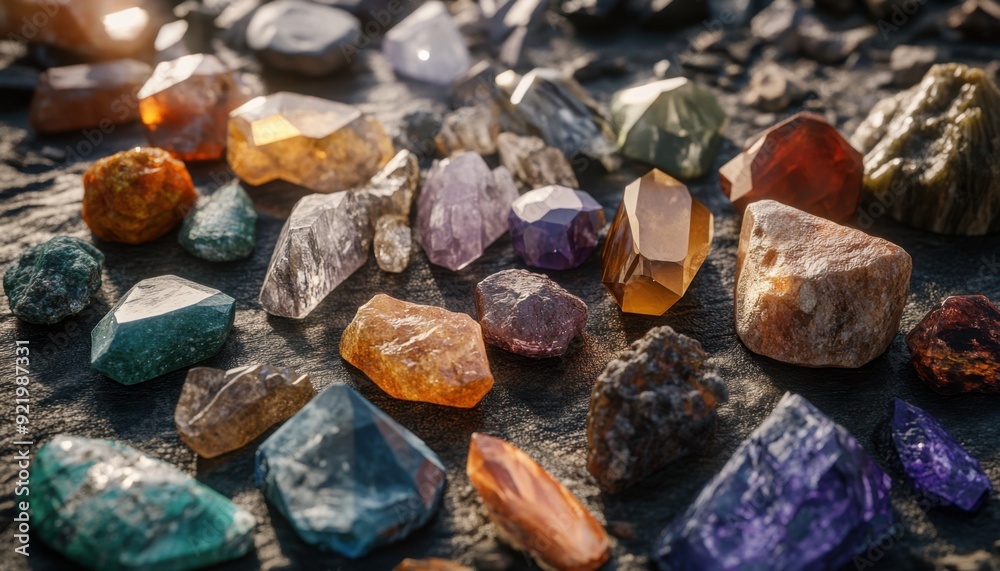 Colorful collection of gemstones and crystals scattered on a rocky surface in natural light Colorful collection of gemstones and crystals scattered on a rocky surface in natural light