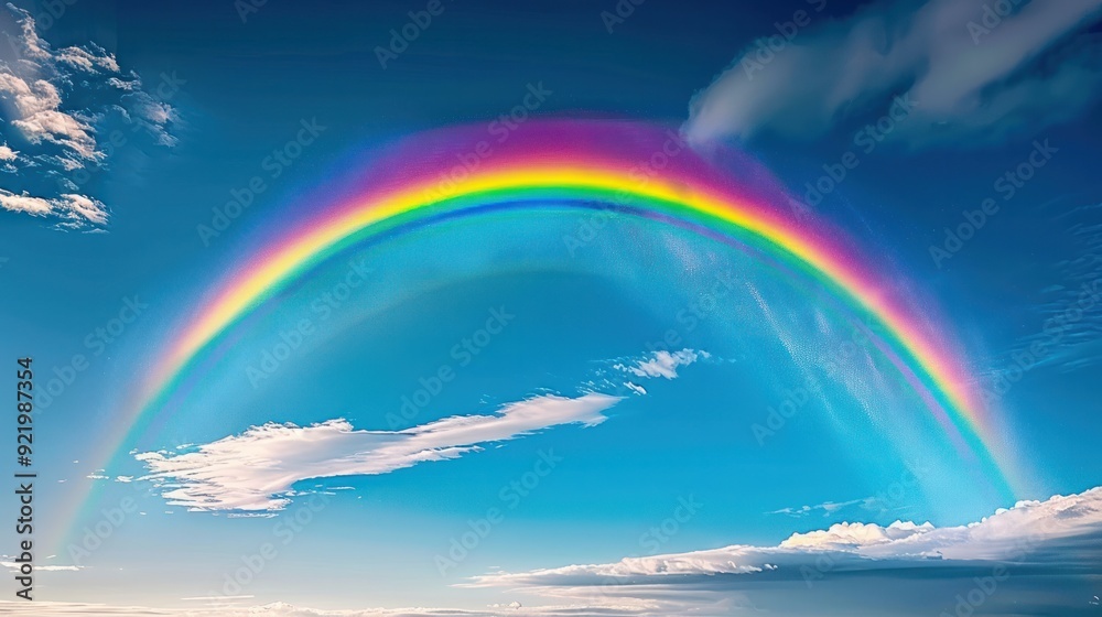 A rainbow captured with a wide-angle lens, emphasizing the colors and arc A rainbow captured with a wide-angle lens, emphasizing the colors and arc